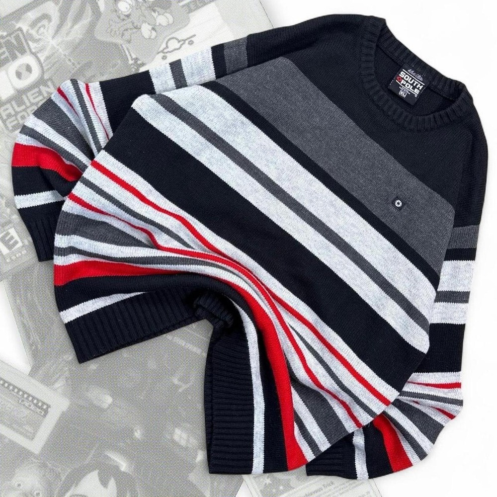 Southpole Vintage Y2K Black Red Striped Baggy Relaxed Fit Knit Sweater XL